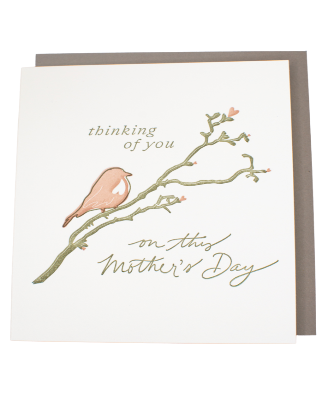 Pink bird on a branch with copy "Thinking of You on This Mother's Day"